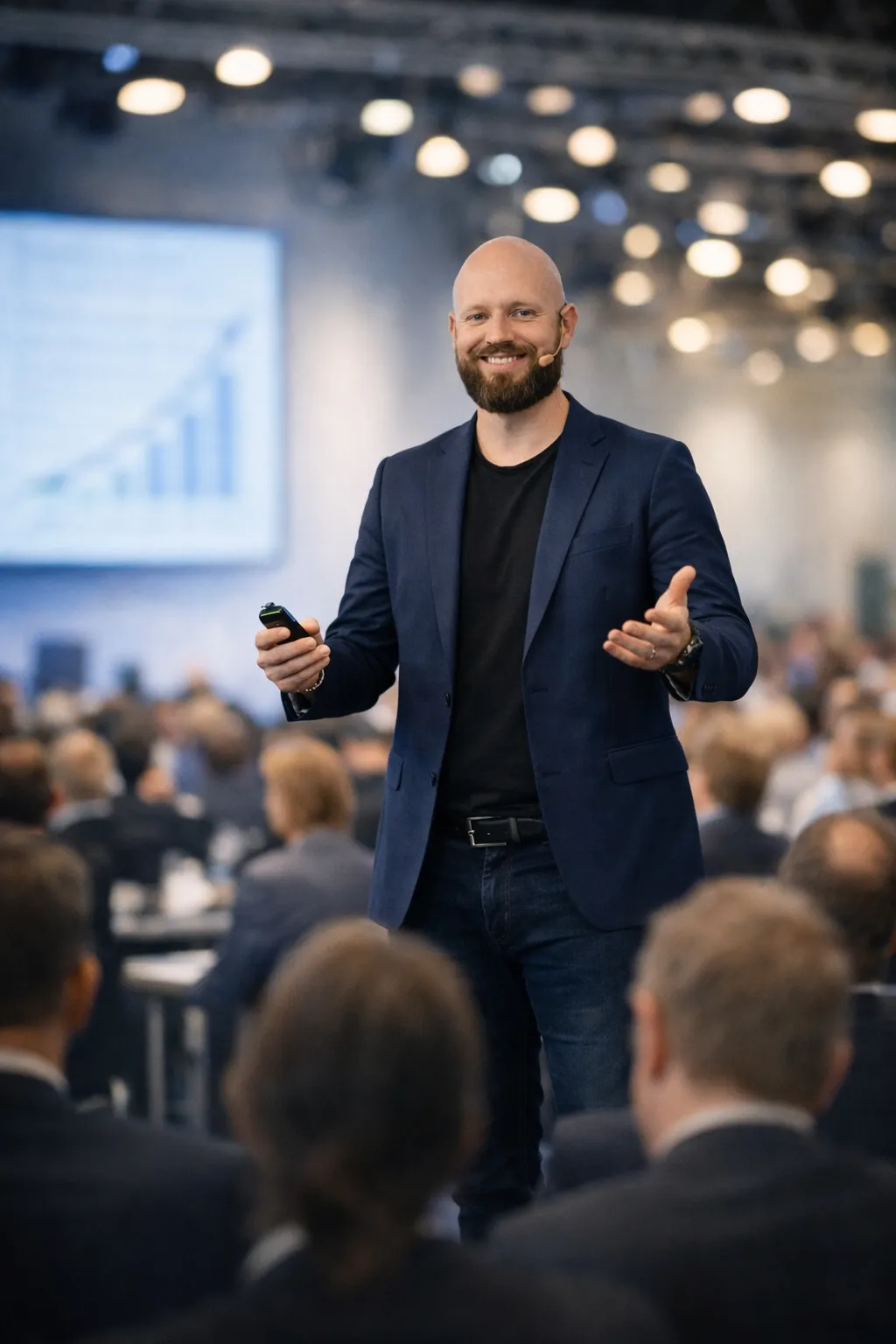 Benedict Neuner auf Bühne im Sakko